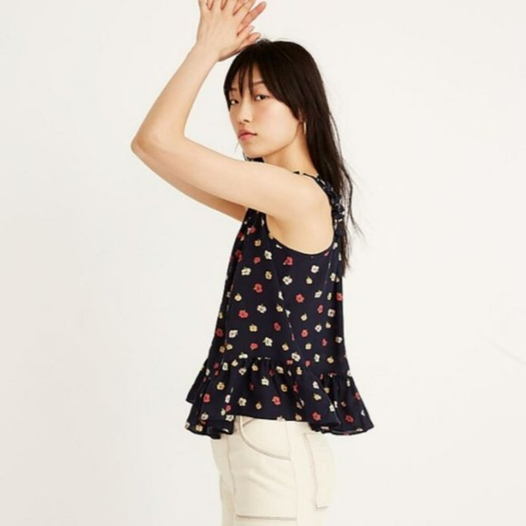 Madewell Silk Blue Flower Ruffle-Strap Cami‎ Top in Confetti Floral Size 4 - Picture 1 of 13